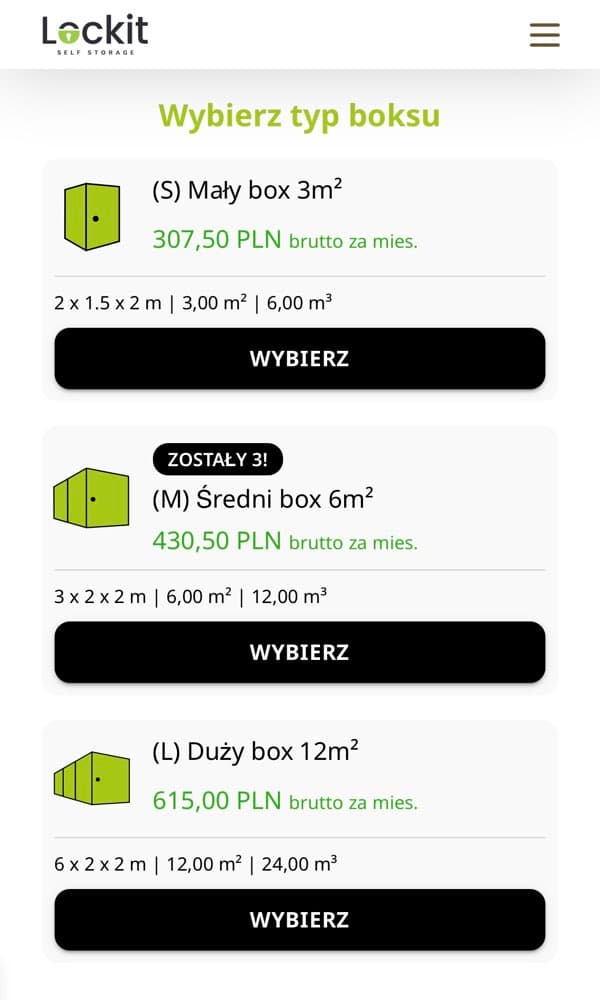 Ekran aplikacji Lockit Self Storage: wybór typu boksu S, M i L
